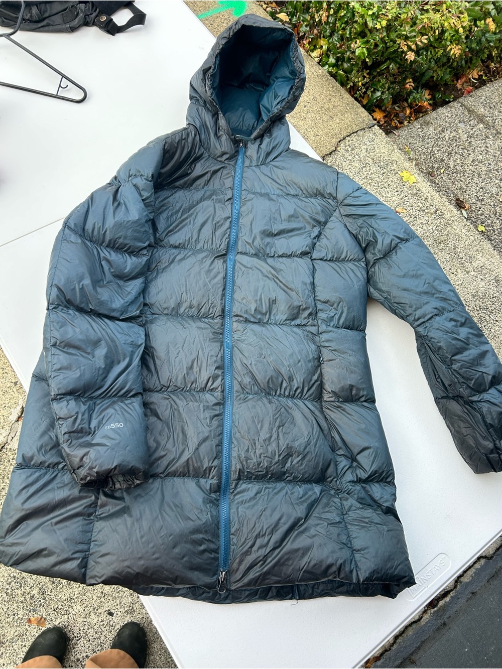 Eddie Bauer Hooded Long Puffer Coat in Dark Slate down coat